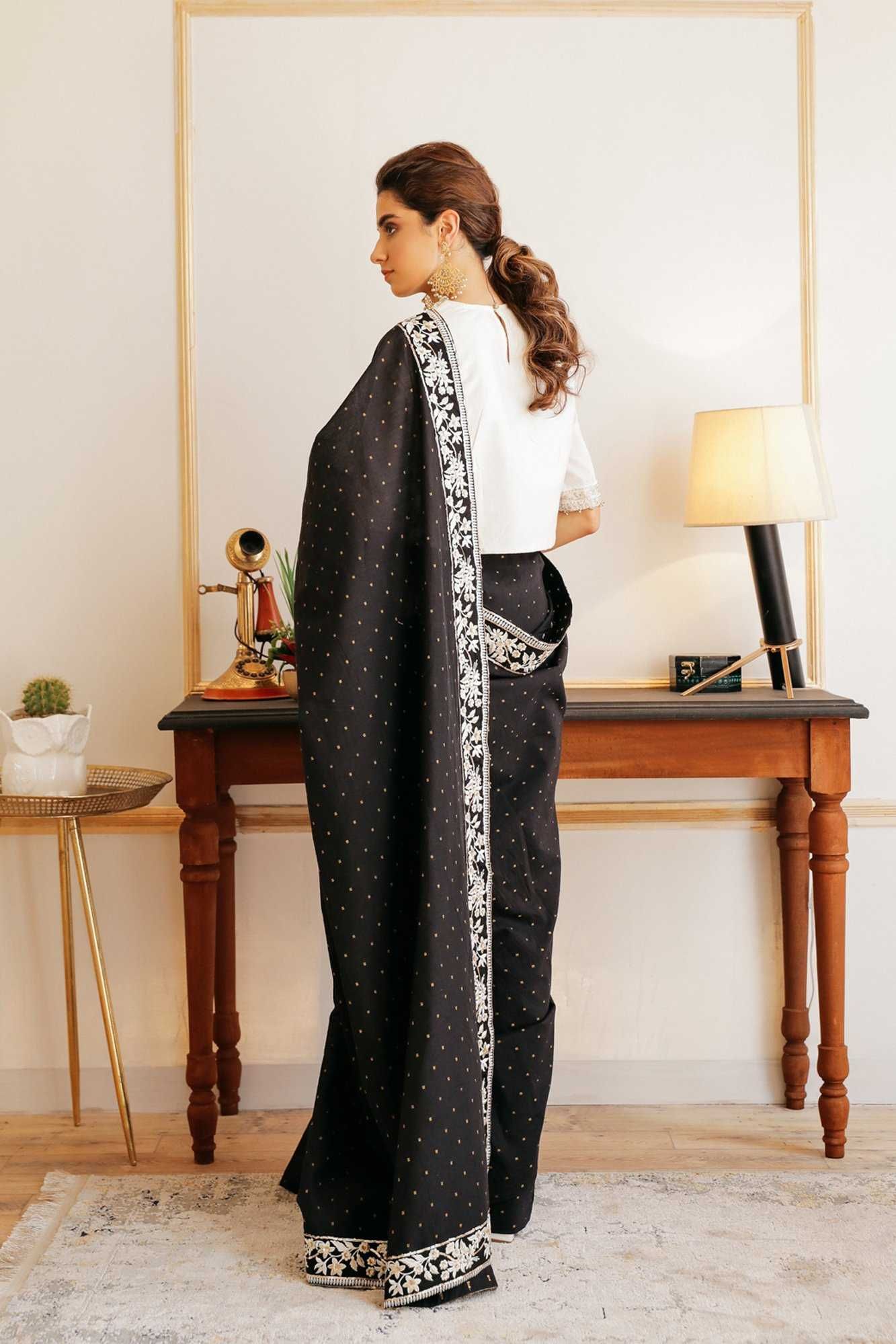 Czarne bawełniane sari saree saari Bollywood Indie orient suknia