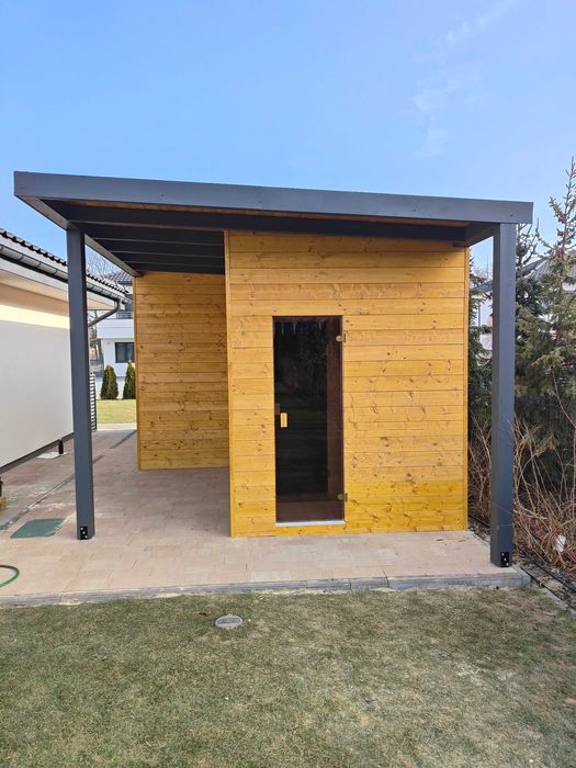 Sauna ogrodowa fińska sucha, kompleksowe wykonanie, z przedsionkiem