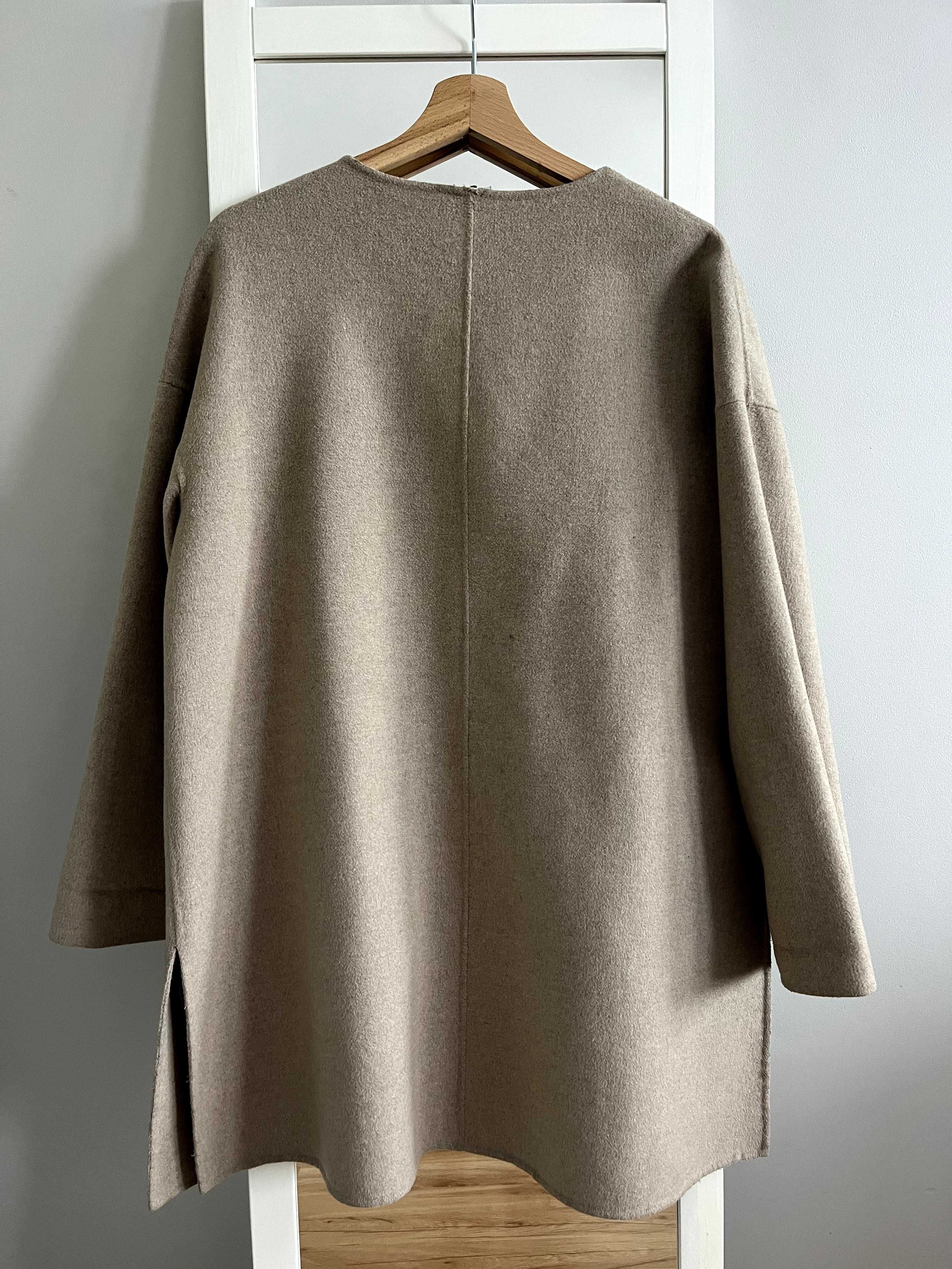 zara płaszcz beige handmade wełna wełniany basic s m 36 38 klasyczny