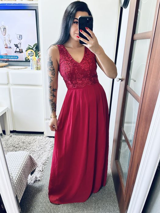 Dluga suknia balowa wieczorowa wesele bordowa impreza