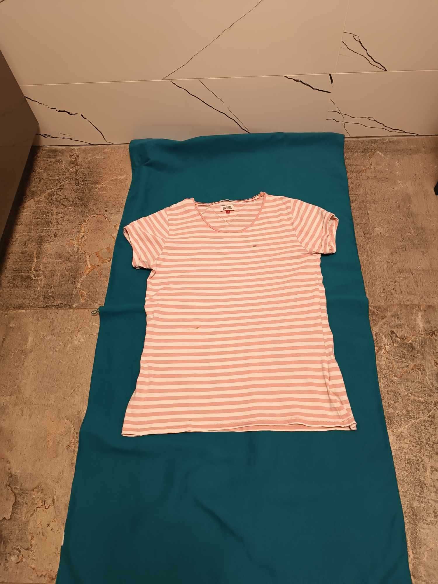 T-shirt bluzka w pastelowe pasy bawełna len logo- L/XL- Hilfiger Denim