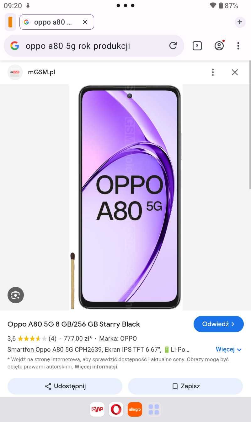 ELEGANCKI OPPO A80 5g. Gwarancja producenta. Pamięć 8/256gb