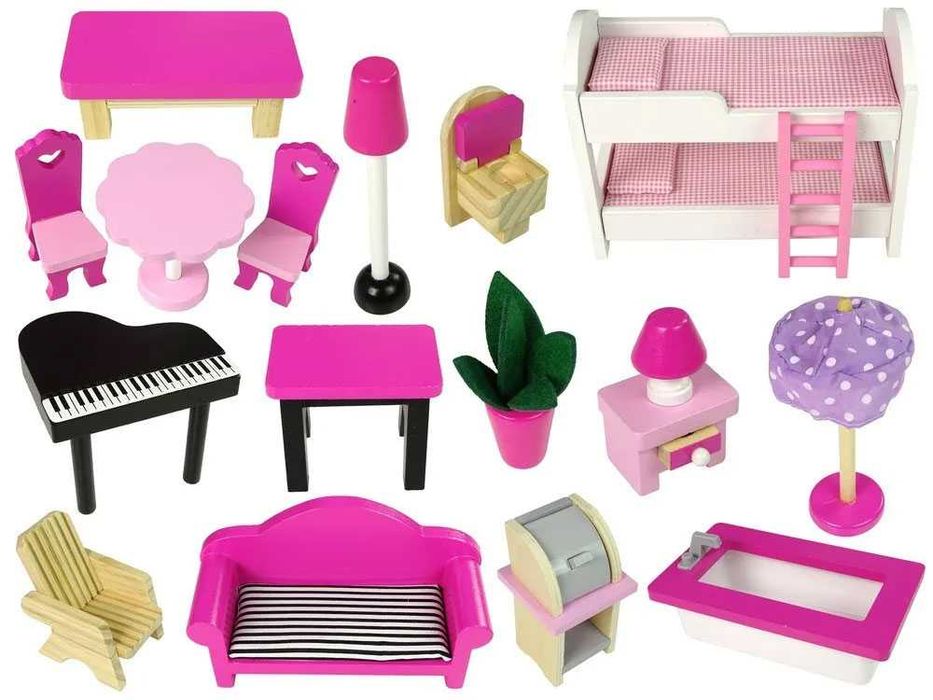 Drewniany domek dla lalek typu Barbie, Steffi Taras + Basen + LED