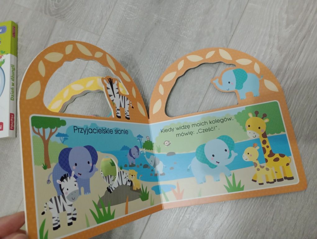 2 świetne książeczki magiczne slowa, dzień w dżungli Fisher Price