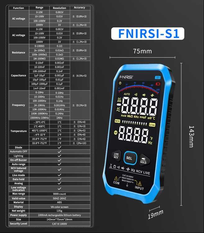 FNIRSI S1 умный цифровой мультиметр 9999 отсчетов