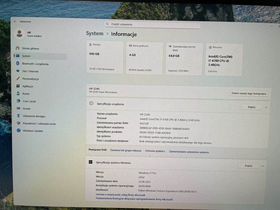 Komputer HP Core i7, 64GB RAM 2x512 GB NVME Nvidia Quadro W11 Pro