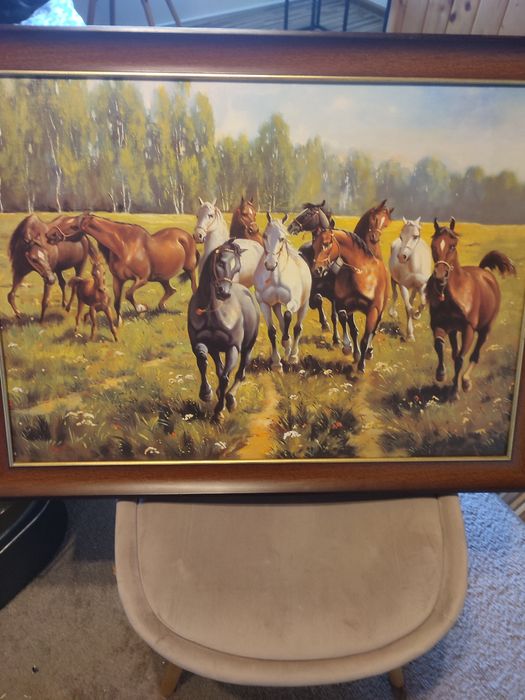 Obraz konie  w ramie drewnianej