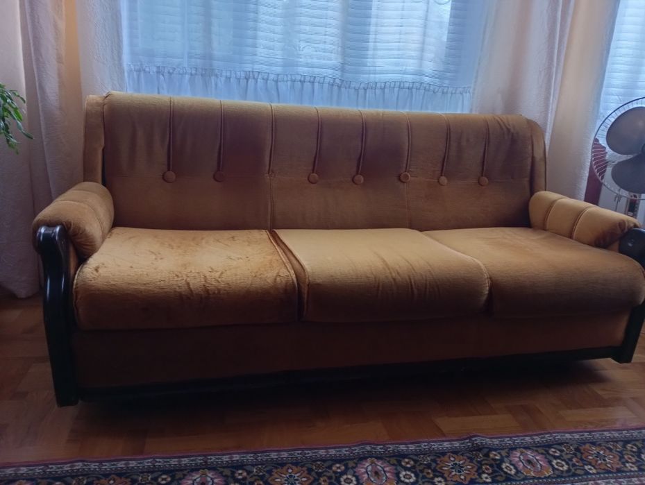 Диван раскладной с панцирной сеткой и кресло, натуральное дерево, Румы