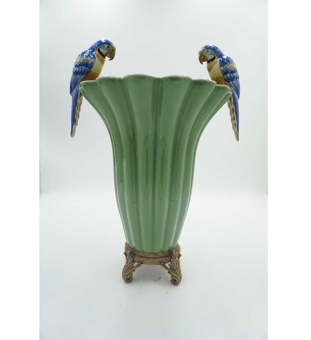 WAZON amfora brąz z porcelaną papugi