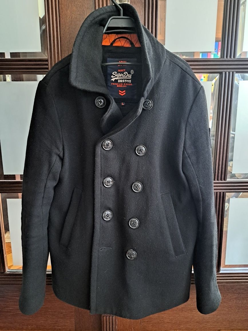 Czarny płaszcz peacoat dwurzędowy superdry czarny L