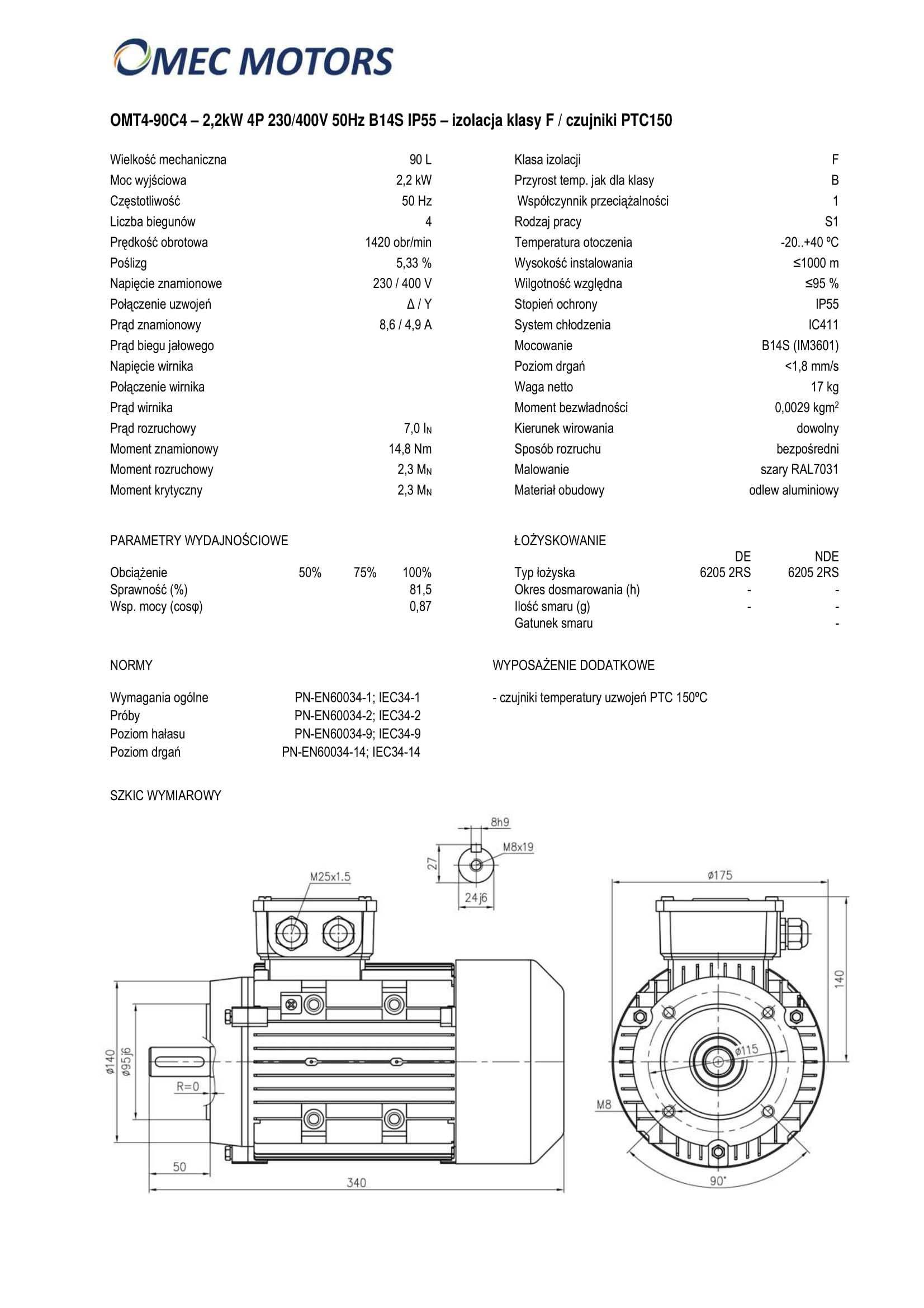 silnik elektryczny 2,2kW 1400obr. 3fazowy 90B14 OMT