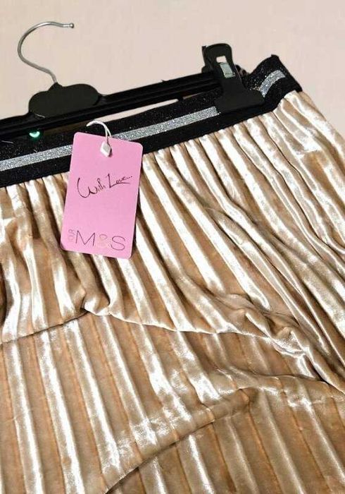 Юбка миди бархат золотисто-бежевая Marks&Spencer, плиссе, р. S/M