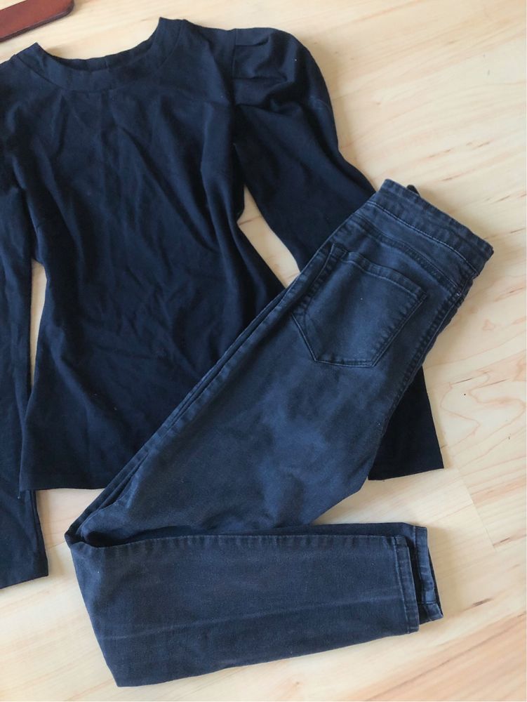 Zestaw ubrań bluzka z bufiastymi rękawami wassyl spodnie skinny czarne