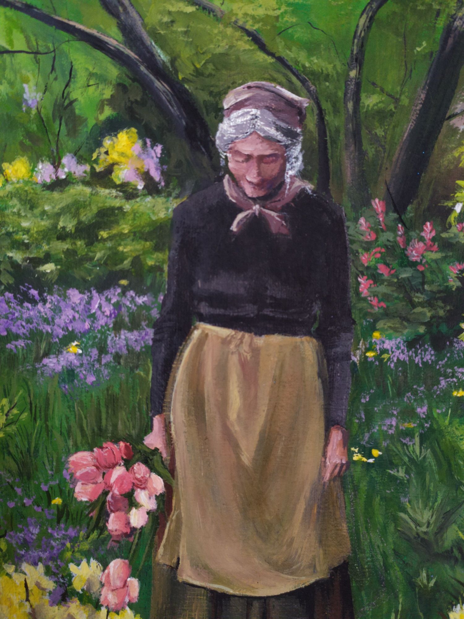 Картина з квітами та старою дамою