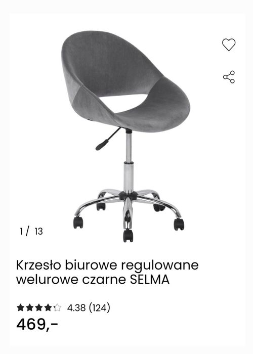 Krzesełko regulowane obrotowe biurowe welurowe szare