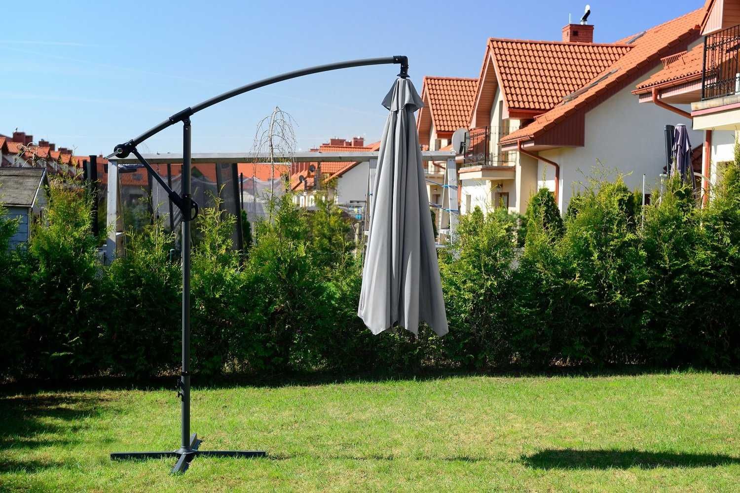 Parasol Ogrodowy Duży Składany Wysięgnik 350cm Szary Falbany Tarasowy