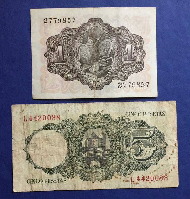 Espanha - 2 notas: 1 Peseta e 5 Pesetas 1951