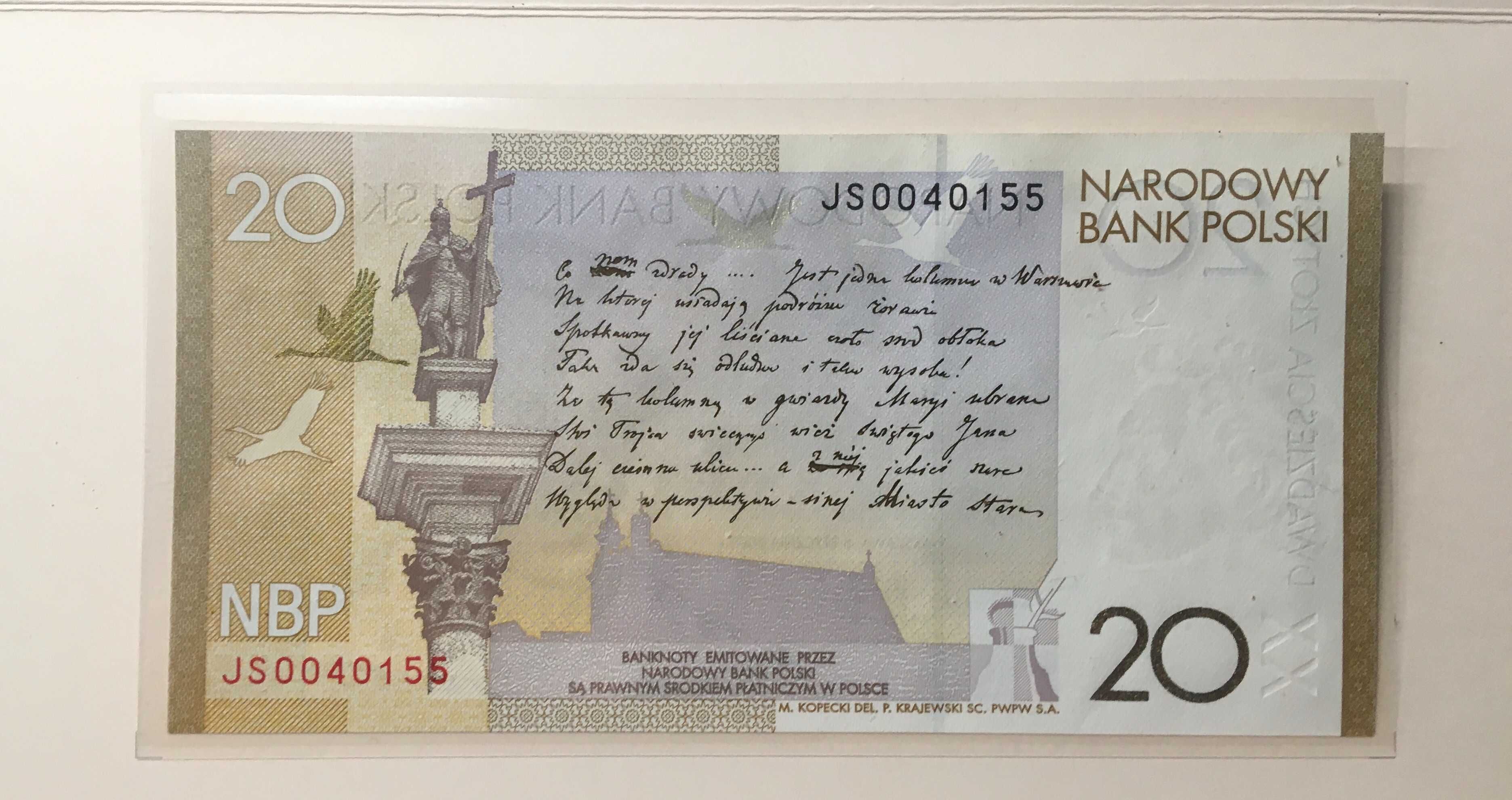 Banknot kolekcjonerski 20 złotych - Juliusz Słowacki. Stan: UNC