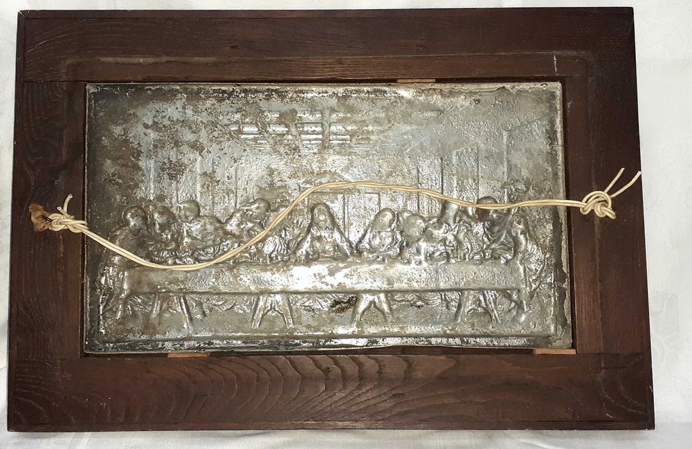 Quadro em Estanho com Moldura em Madeira " Santa Ceia"