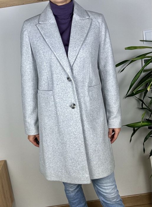 Klasyczny elegancki szary płaszcz do kolan na guziki na jesień S M 38