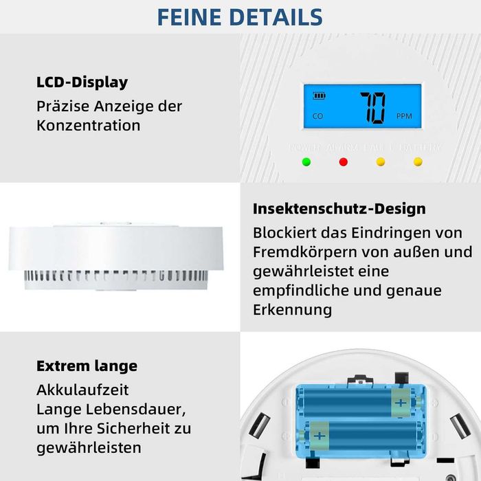 Czujnik tlenku węgla (czadu) z wyświetlaczem LCD, baterie w komplecie.
