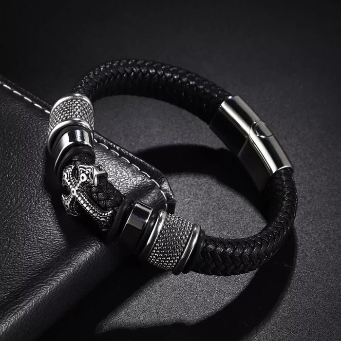Мужской браслет сталь+плетённая кожа