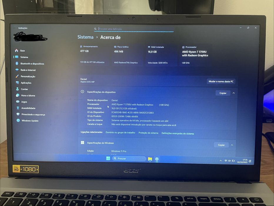 Acer ryzen 7 5700U e AMD Radeon