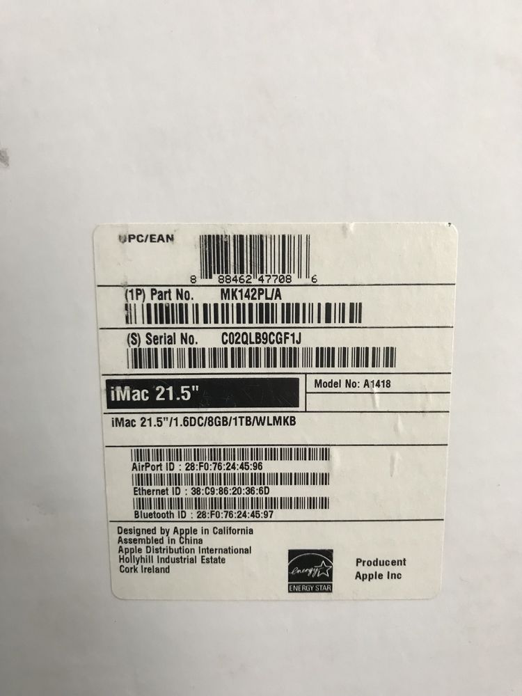 Apple iMac 21,5" model a1418 SSD 256g (2015)