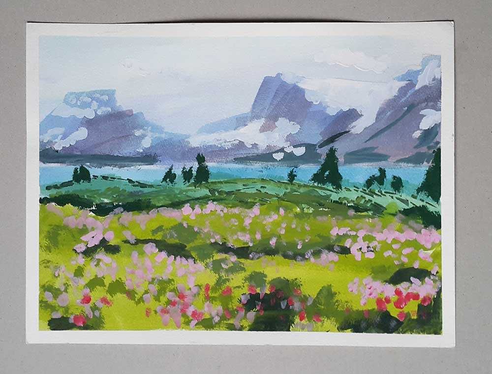 Górski pejzaż wiosenny, tempera na kartonie