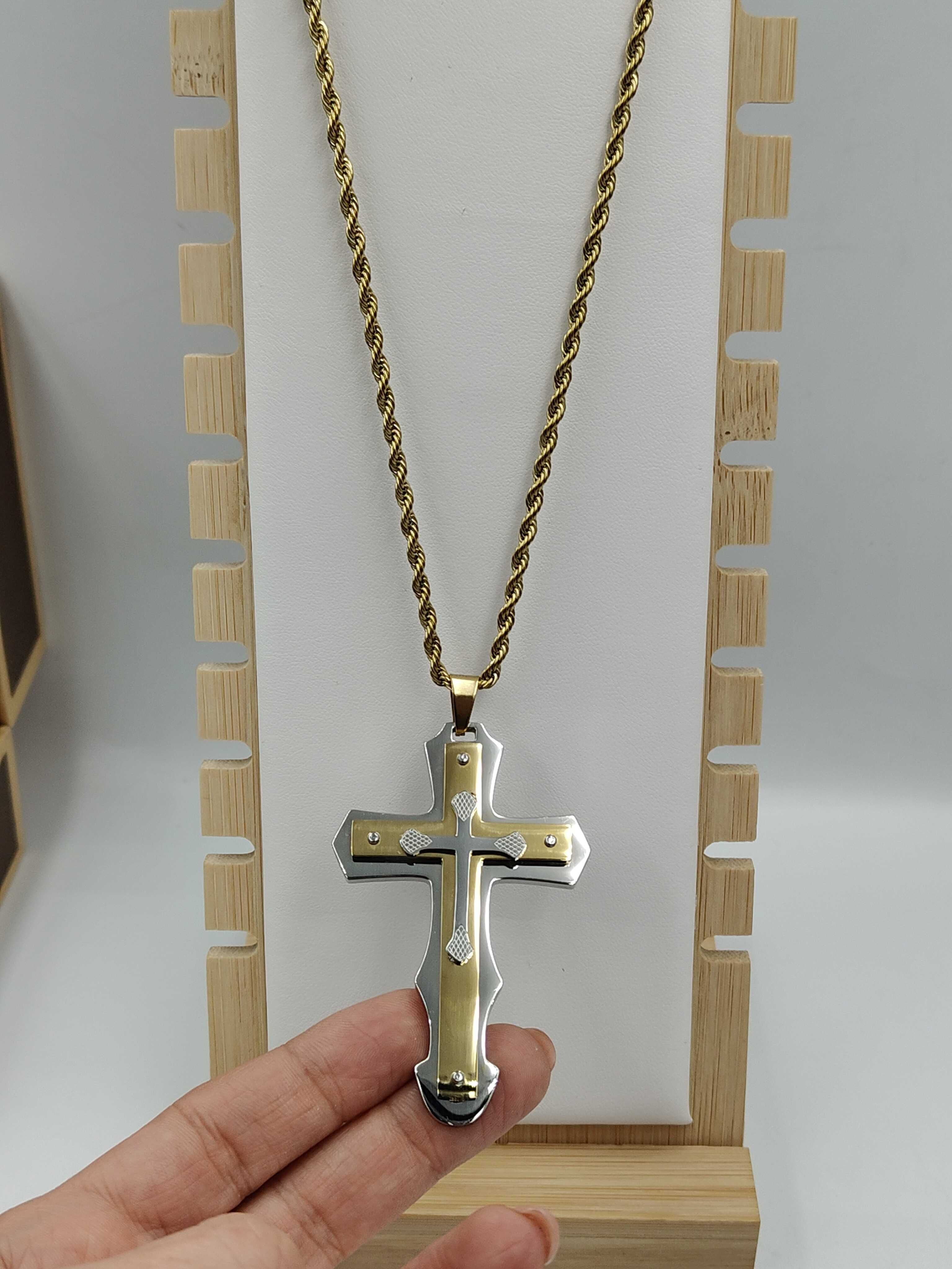 Aisadi łańcuszek męski złoty stal szlachetna z dwukolorowym krzyżem