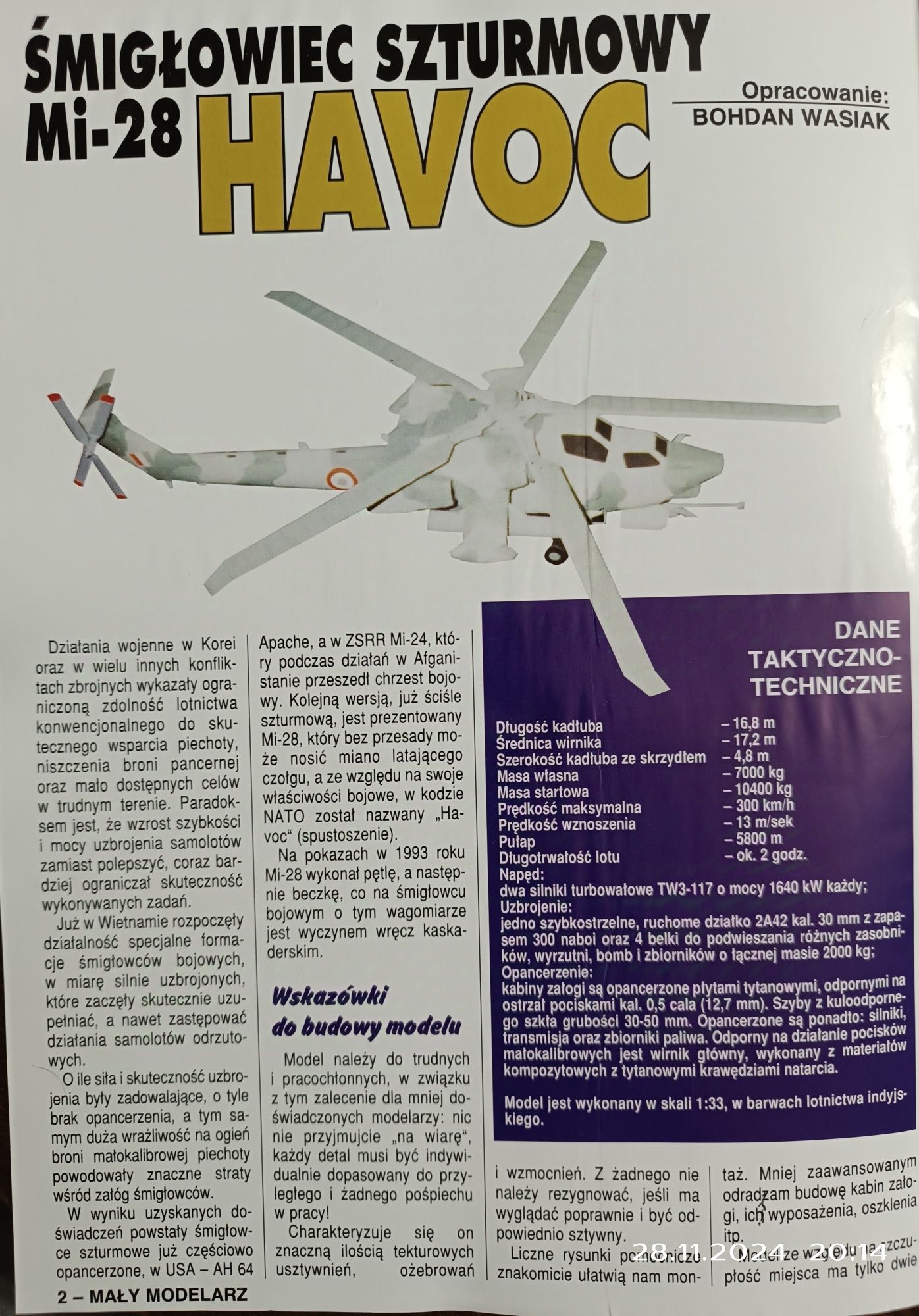 Model śmigłowiec szturmowy Mi-28 Havoc Mały Modelarz 1-2/98