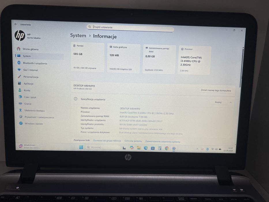 Laptop Poleasingowy HP 450 G3/i3-6100 2,3GHz/8GB DDR4/Dyski 628GB/15"/