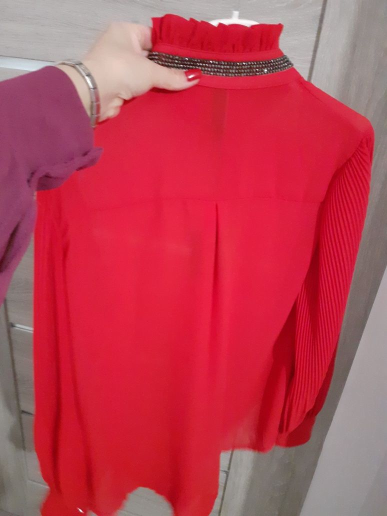 Nowa Koszula szyfon, kolor CZERWONY 1 szt. biżuteryjna stójka 38,M
