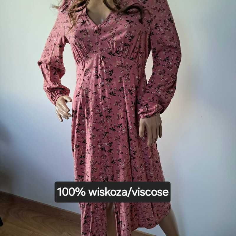 Piękna długa różowa sukienka midi w kwiaty 100% wiskoza 40 L