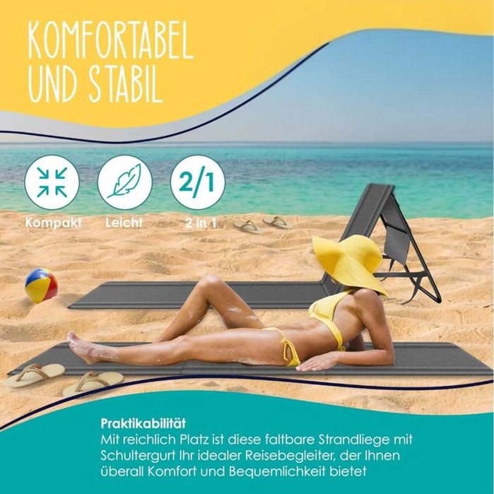 Mata leżak plażowy 180cm X 54cm z paskiem zestaw 2 sztuk szare