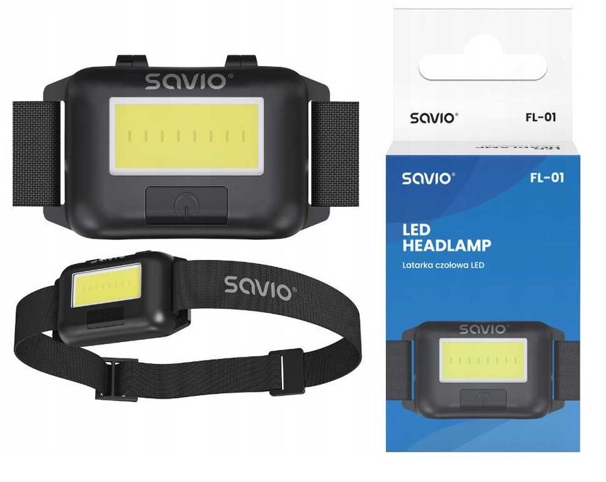 Latarka czołowa LED na baterię na pasku gumce SAVIO FL-01