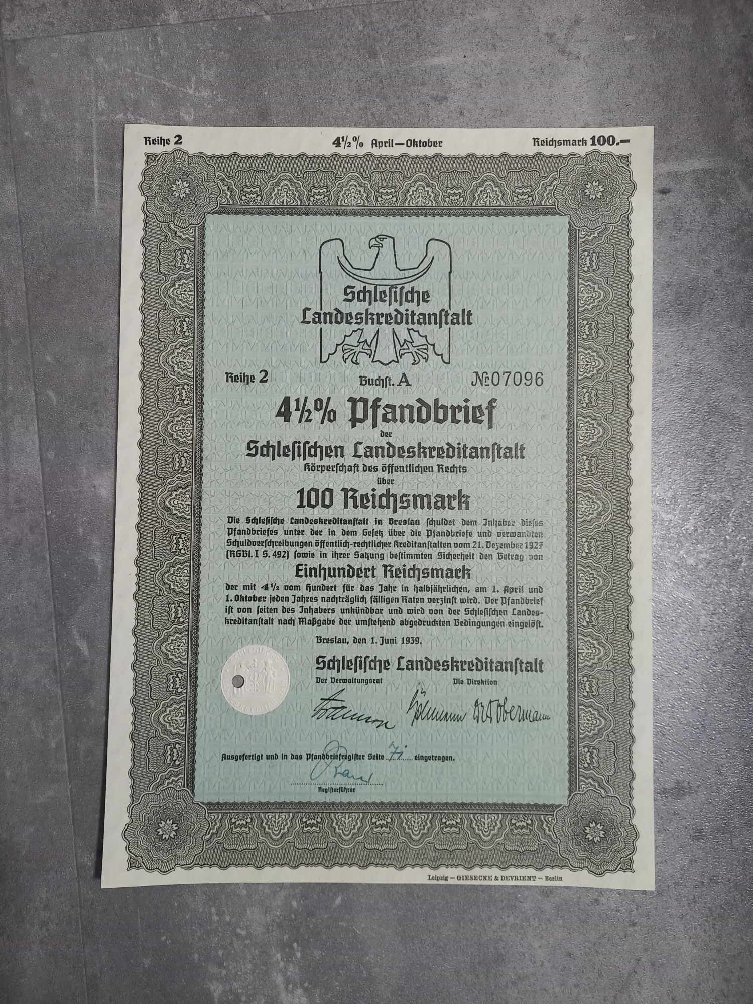 Niemcy: pożyczka na 100 marek Wrocław - 1939 rok #1