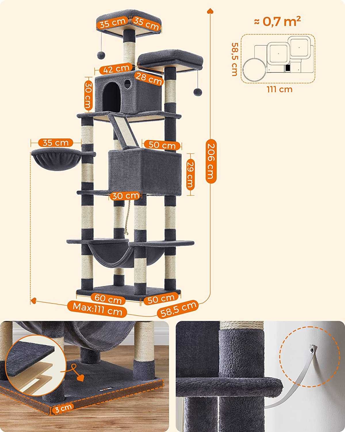 PROMOCJA Drapak 206cm Feandrea drzewko dla kota plusz 206