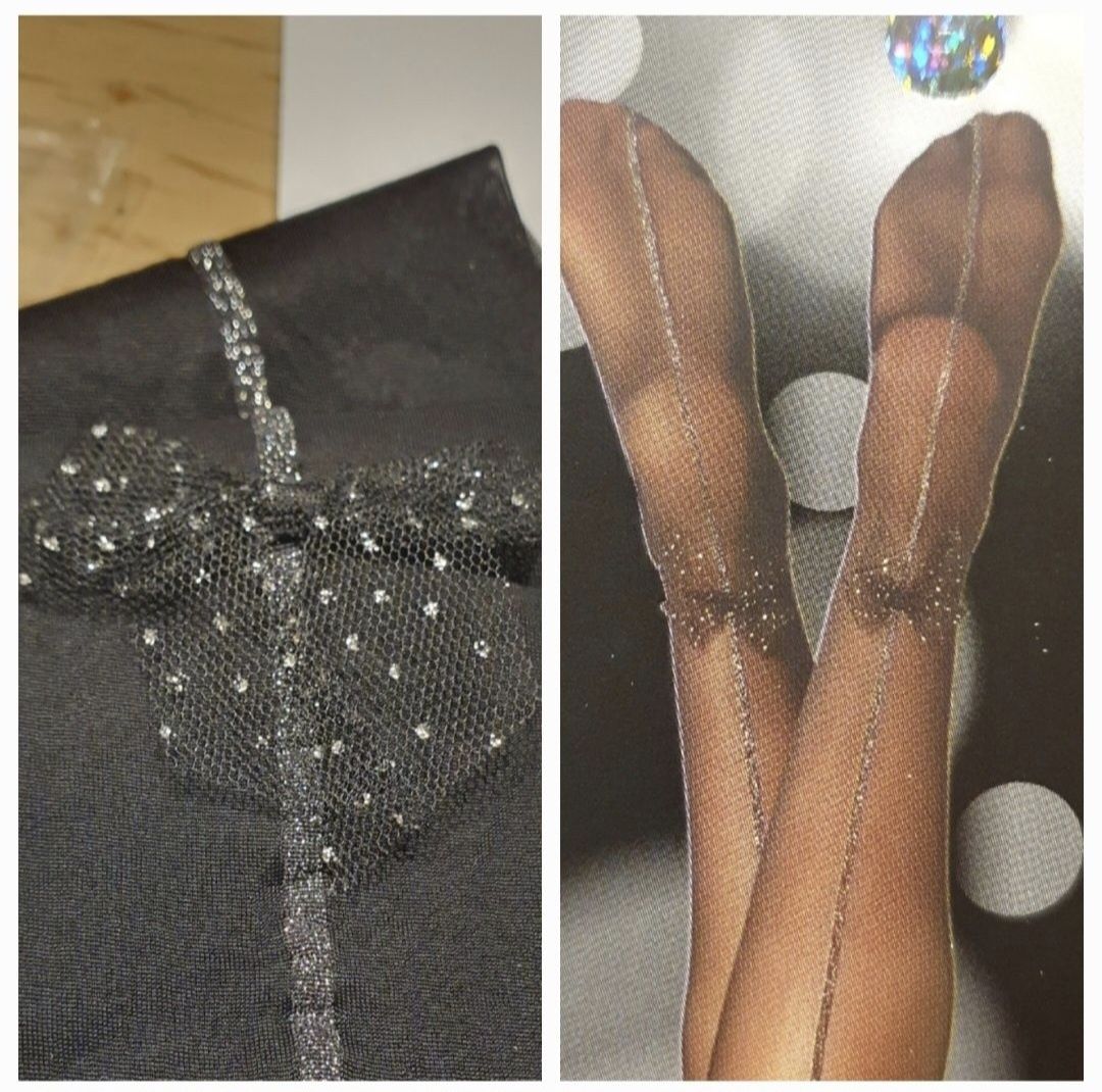 Rajstopy Calzedonia m/l czarne srebrne szew z kokardkami shiny legs 30
