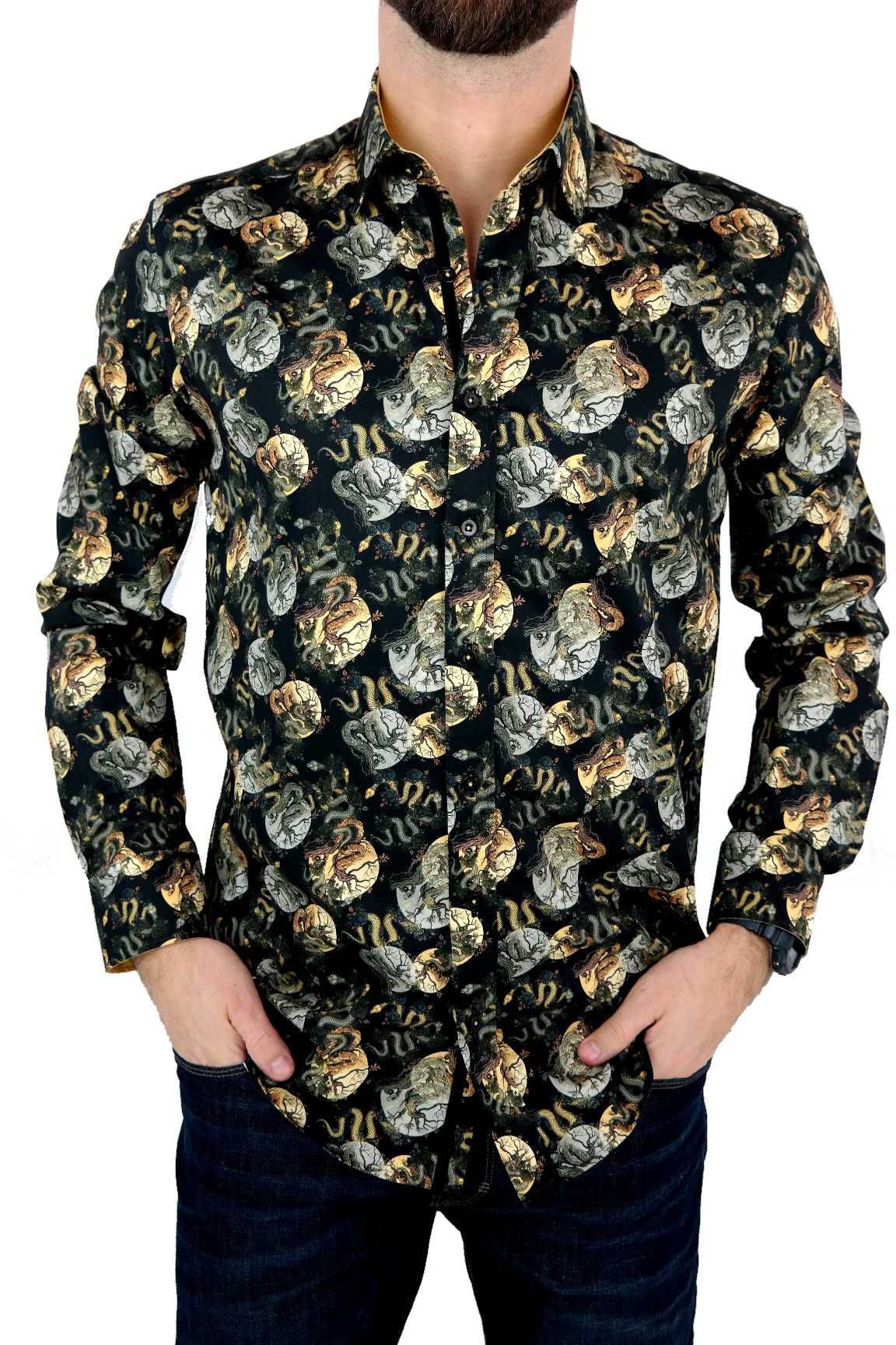 DANIEL BESSI Koszula Męska Fb068 Czarna, Wąż, Róże, Drzewo, 3XL 47/48