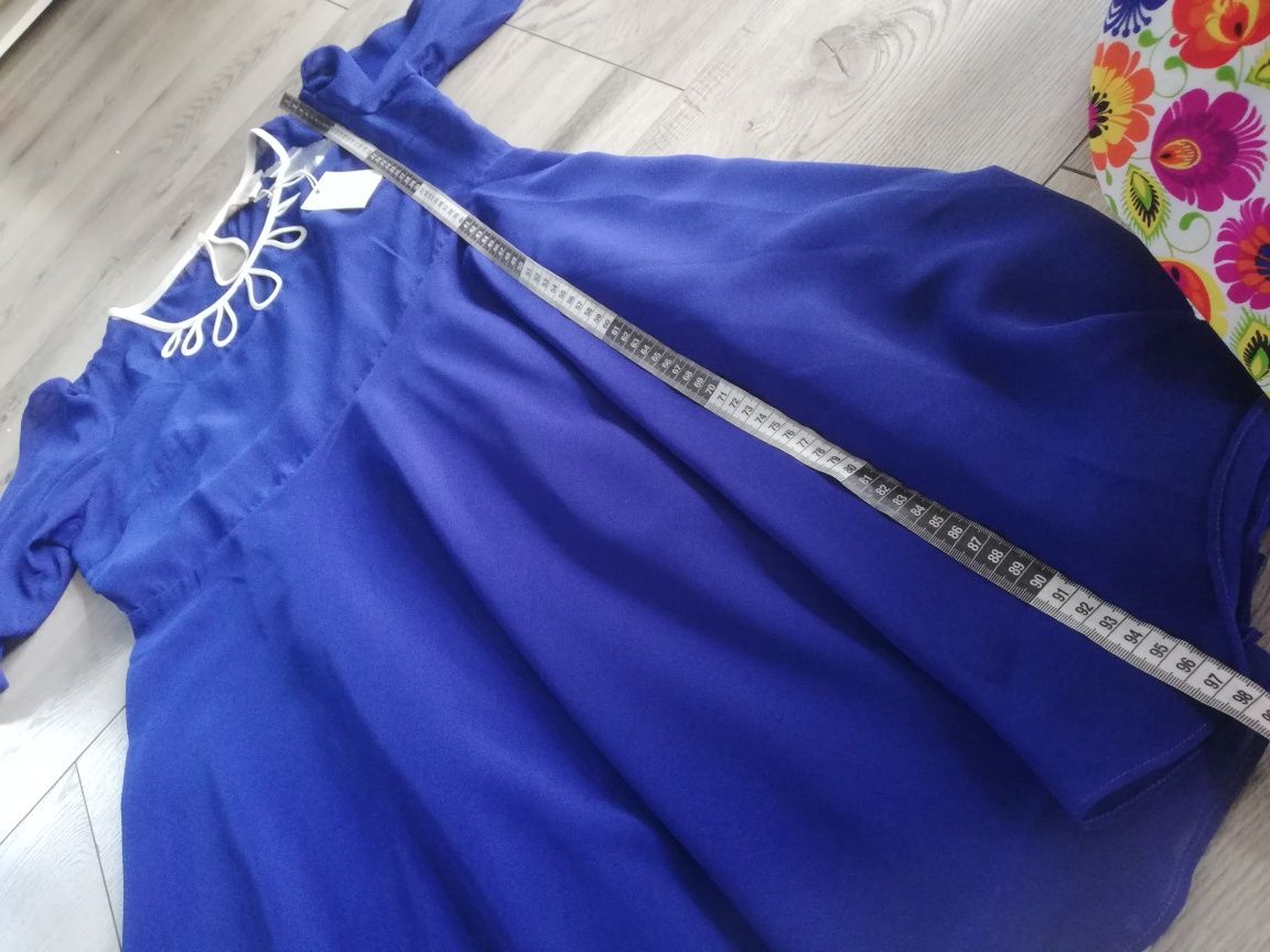 R. 44 nowa kobaltowa modrakowa sukienka zwiewna bufiaste rękawy 3/4