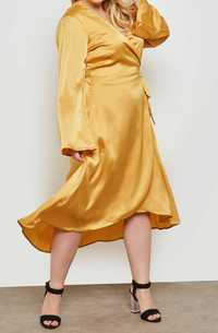Satynowa sukienka lost ink plus size XL żółta musztardowa