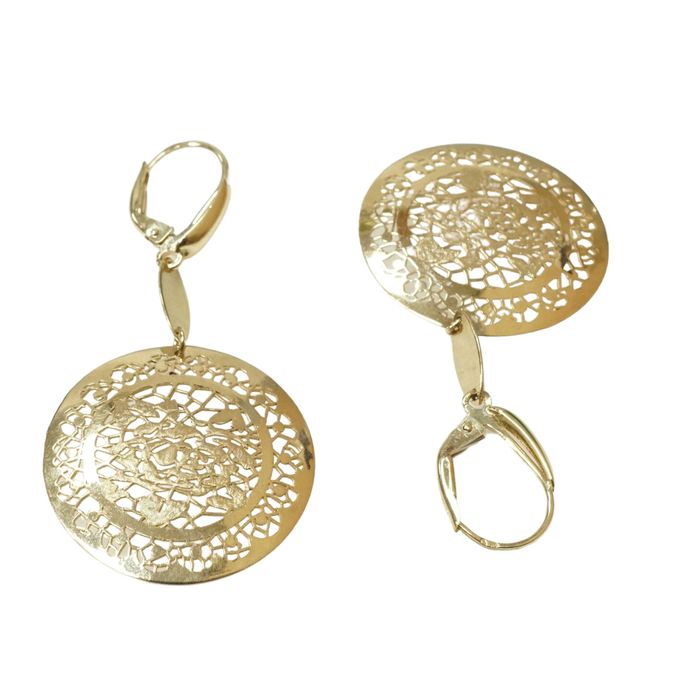 Złoto 585-złote kolczyki wiszące ażurowe koła