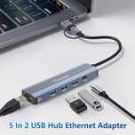 Hub USB C 5 w 2 Ethernet 1000M, USB Type-C Gigabit RJ45