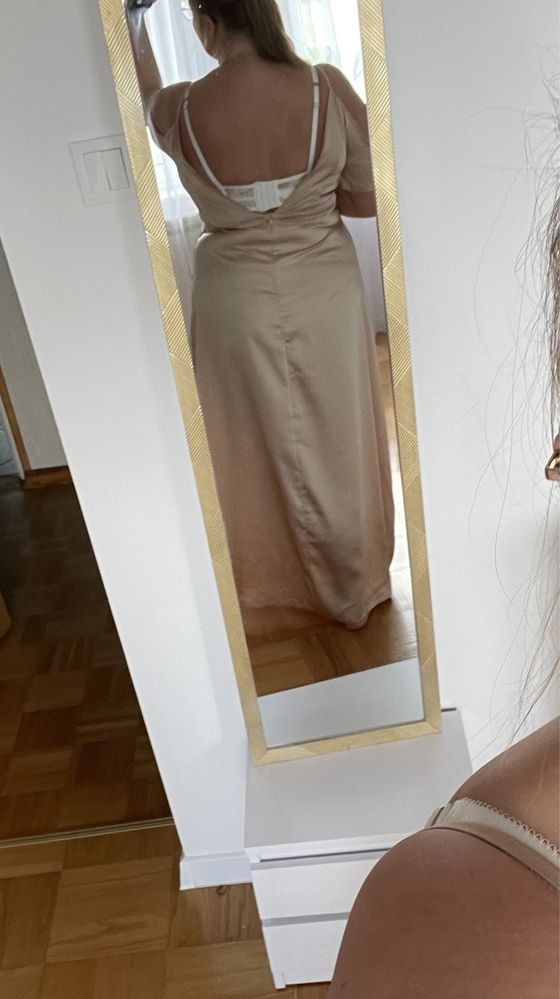 Suknia długa dla świadkowej druhna wesele 46 beżowa satynowa