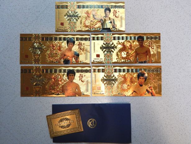 Набор 5 красочных сувенирных банкнот в конверте посвященный Брюсу Ли