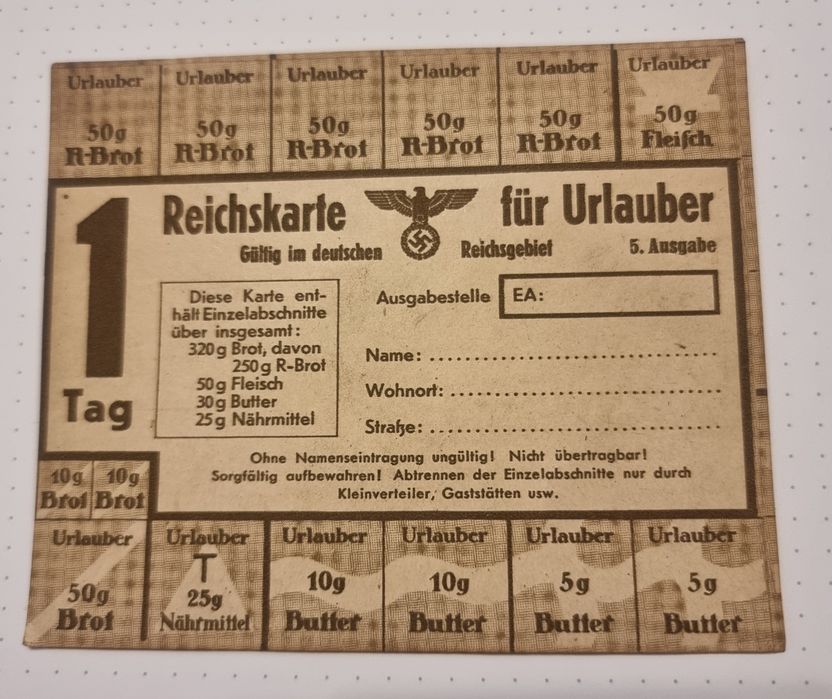 Kartka żywnościowa Wehrmacht 3 Rzesza