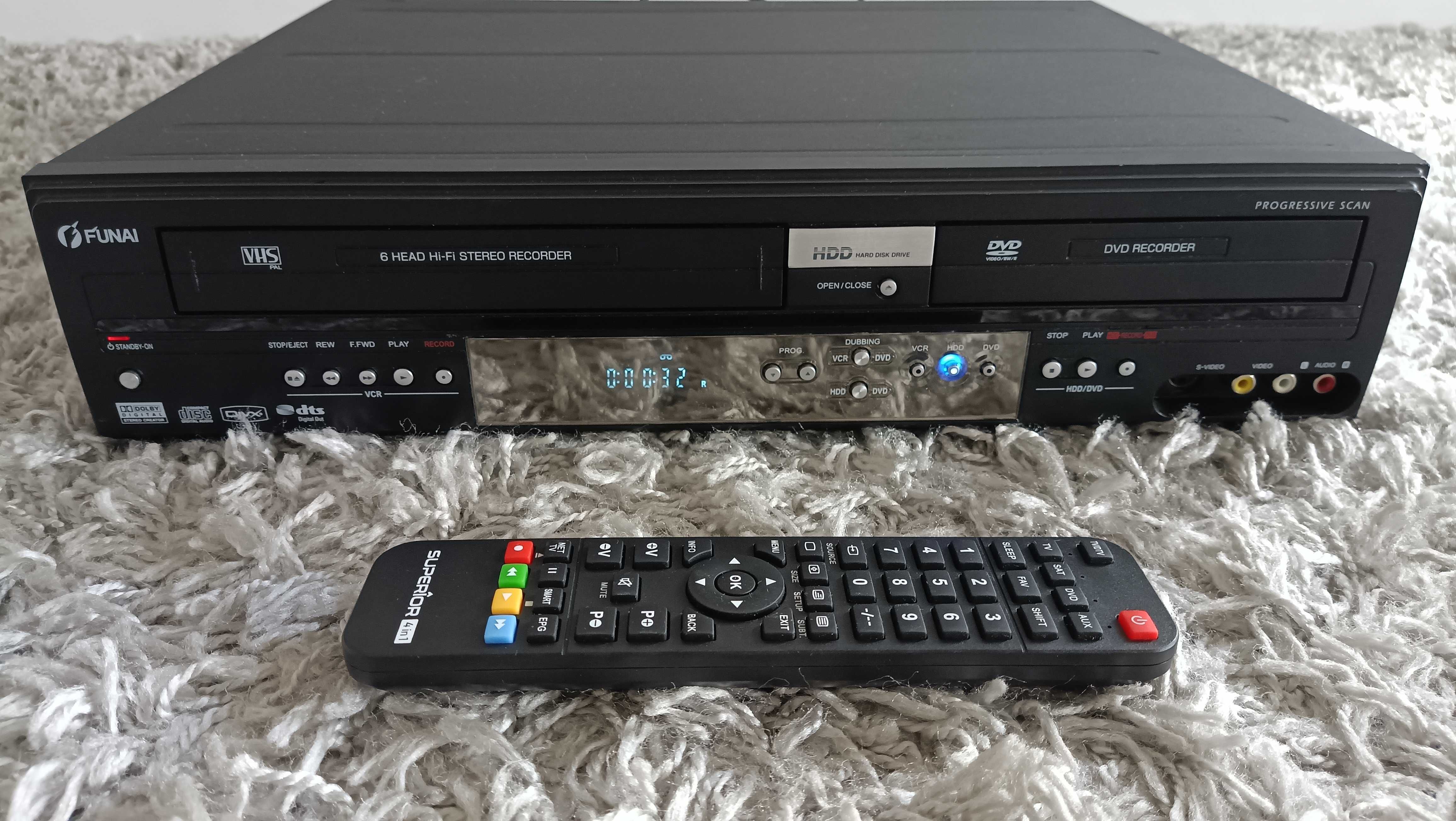 Magnetowid Nagrywarka VHS DVD HDD FUNAI T3A-A8182DB HI-FI 6gł. pilot