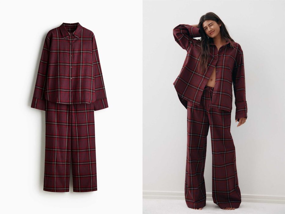 Piżama bawełniana flanela Koszula ze Spodniami S NOWA Ko krata burgund