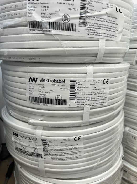 ELEKTROKABEL Przewód YDYp 3 x 1,5 mm2 750 V biały 100 mb rolka